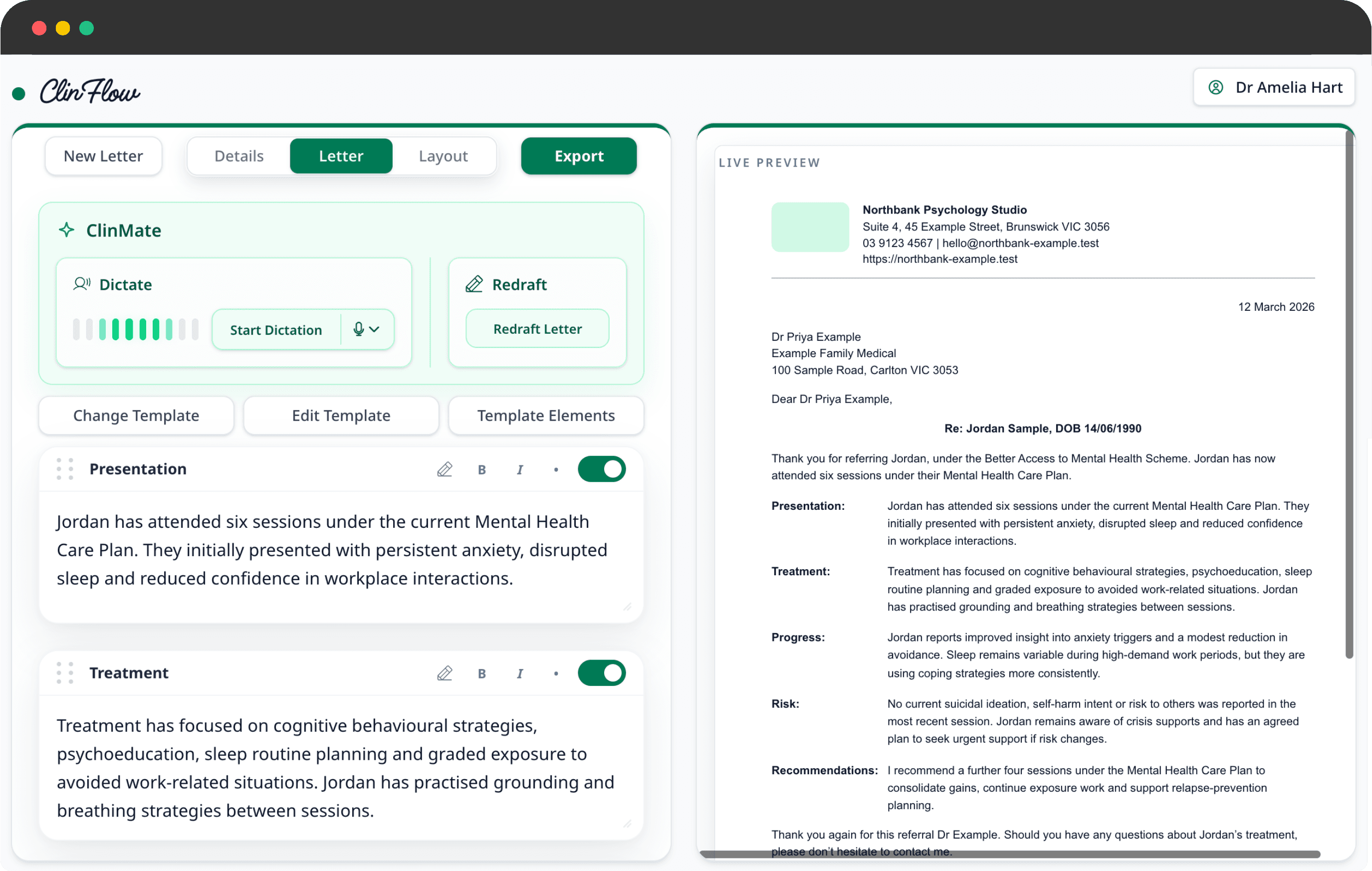 ClinFlow workspace showing synthetic letter details, editor and live preview.