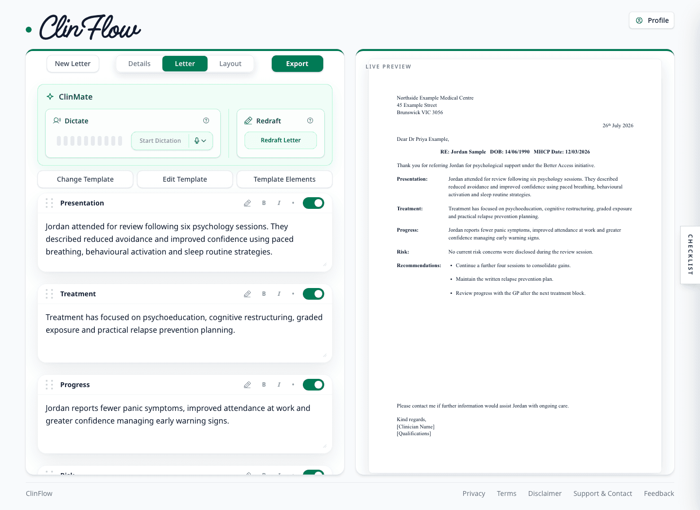 ClinFlow workspace showing synthetic clinical correspondence and live preview.