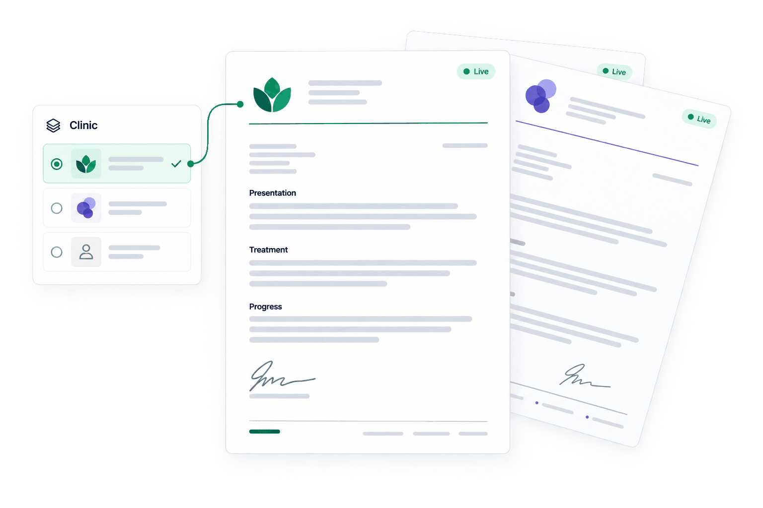 ClinFlow editor showing synthetic clinic branding and document layout controls.